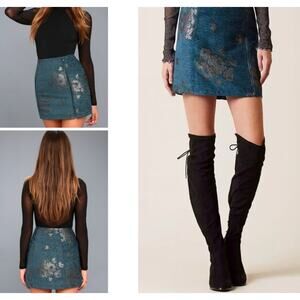 Free People Mini Skirt Movin' On Embroidered Metallic Floral Teal with Zipper